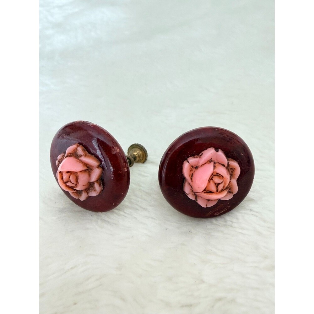 Vintage Carved Pink Rose Screw Back Earrings Maroon Round Button Celluloid Style